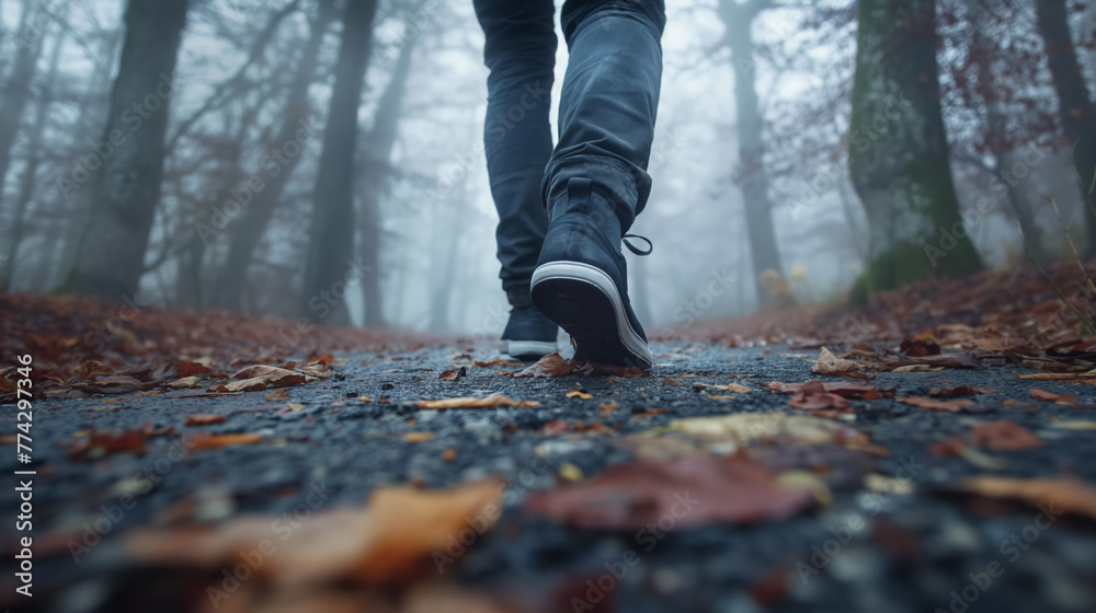 Low angle view of a person's legs walking on a foggy path covered with autumn leaves, evoking a sense of mystery. Low angle view of a person's legs walking on a foggy path covered with autumn leaves, evoking a sense of mystery.