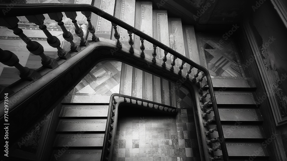 Fototapeta premium A black and white shot of an old spiraling staircase, creating a dramatic architectural perspective.