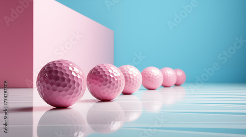 Pink golf balls in diagonal line 3d rendering image. Glossy golfballs on glossy turquoise floor background wallpaper colorful realistic. Golfclub concept idea, backdrop horizontal photo
