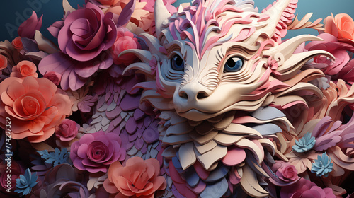 Floral dragon fantasy 3d rendering image. Majestic mythical beast in soft pastels roses background wallpaper colorful realistic. Elegant creature concept idea, backdrop horizontal