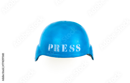 blue military helmet with press inscription isolated on white background © serikbaib