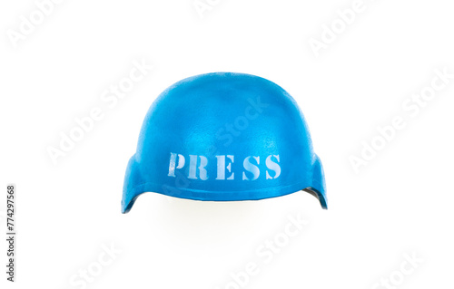 blue military helmet with press inscription isolated on white background photo