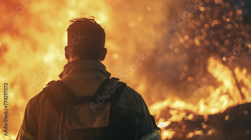 A firefighter seen from behind, gazing towards a massive fire, illustrating courage in the face of danger. © RISHAD