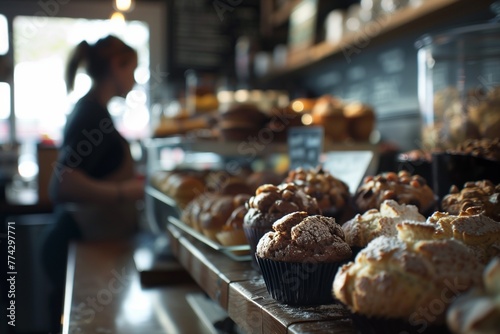 closeup assortment of muffins and loaves on display in front, with the silhouette or blurred figure behind working at a counter or bar area. menu items, adding to the rustic coffee shop ambiance photo