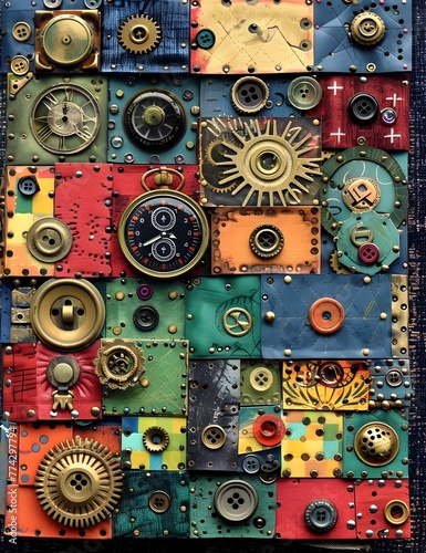 Vibrant Steampunk Junk Journal Page A Mosaic of Brass Buttons Watch Faces and Gears in a FauxNaive Approach © PorchzStudio