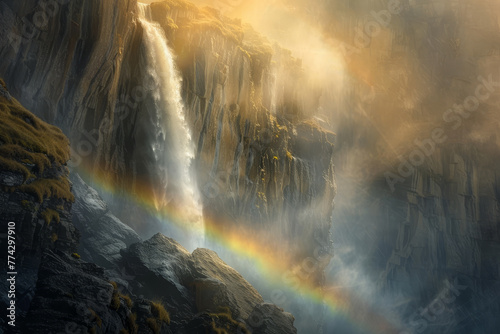 A rainbow is seen over a waterfall  with the sun shining through the mist