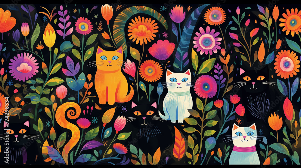 Garden cats fantasy artistic 2D cartoon illustration. Enchanting kittens amidst lush floral flat image colorful scene horizontal. Charm of feline friends wallpaper background art