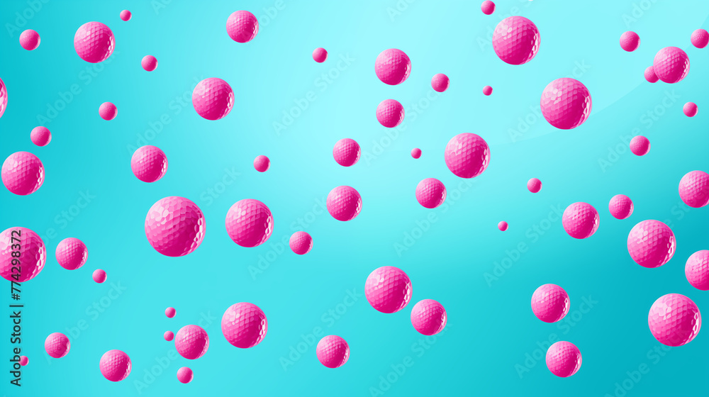 Pink golf balls in motion against bright turquoise 3d rendering image. Movement and energy golfballs background wallpaper colorful realistic. Golfclub concept idea, backdrop horizontal