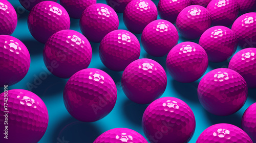 Tightly packed fuchsia golf balls 3d rendering image. Golfballs with prominent shadows on blue background wallpaper colorful realistic. Golfclub concept idea, backdrop horizontal photo