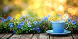 cup of steaming tea on a green meadow under the bright rays of morning light. Copy space banner
Concept: Morning tea in nature, a fresh look at a new day, relaxation