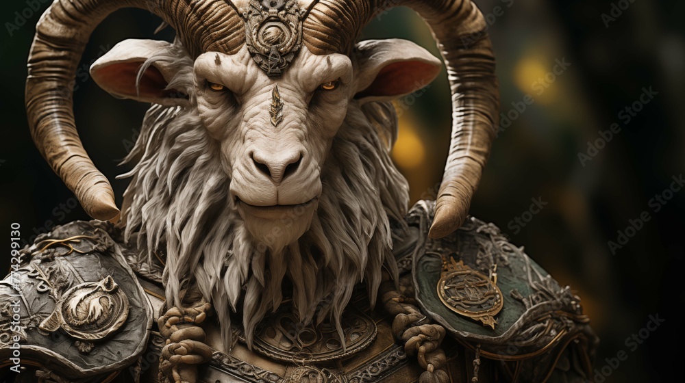 Majestic ram with ornate armor character anthropomorphic. Exuding nobility regal whimsical animal portrait humanlike. Creative anthropomorphism concept photography photorealistic