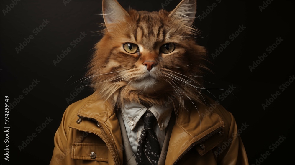 Stylish cat in brown leather jacket character anthropomorphic. Necktie shirt wearing feline whimsical animal portrait humanlike. Anthropomorphism concept photography photorealistic