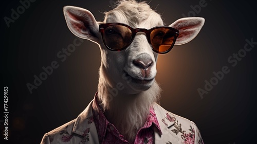 Charming goat with eyeglasses and floral suit character anthropomorphic. Casually elegant vibe whimsical animal portrait humanlike. Anthropomorphism concept photography photorealistic © AImg