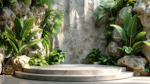 Podium cascading fountain adds a touch of natural beauty to a park, with water flowing over rocks and green foliage. generative ai