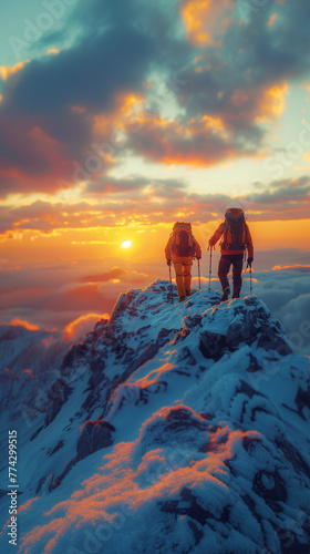 Hikers Reach the Mountain Top, Friendship Concept, Gen AI © Nicolae