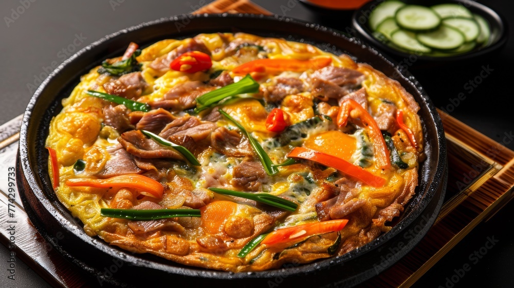 The Korean dish Jeong is pancakes with thinly sliced meat, seafood and vegetables. The Korean dish Jeong is pancakes with thinly sliced meat, seafood and vegetables.