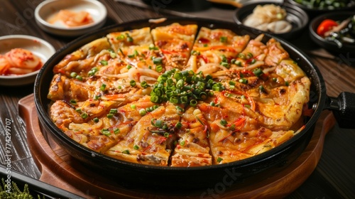 The Korean dish Jeong is pancakes with thinly sliced meat, seafood and vegetables.