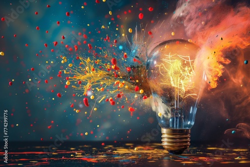 A light bulb exploding with vibrant paint and fire, symbolizing creativity and destruction.