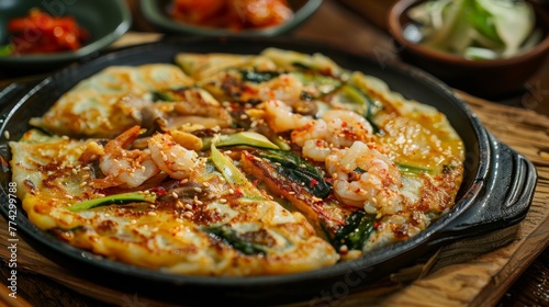 The Korean dish Jeong is pancakes with thinly sliced meat, seafood and vegetables.