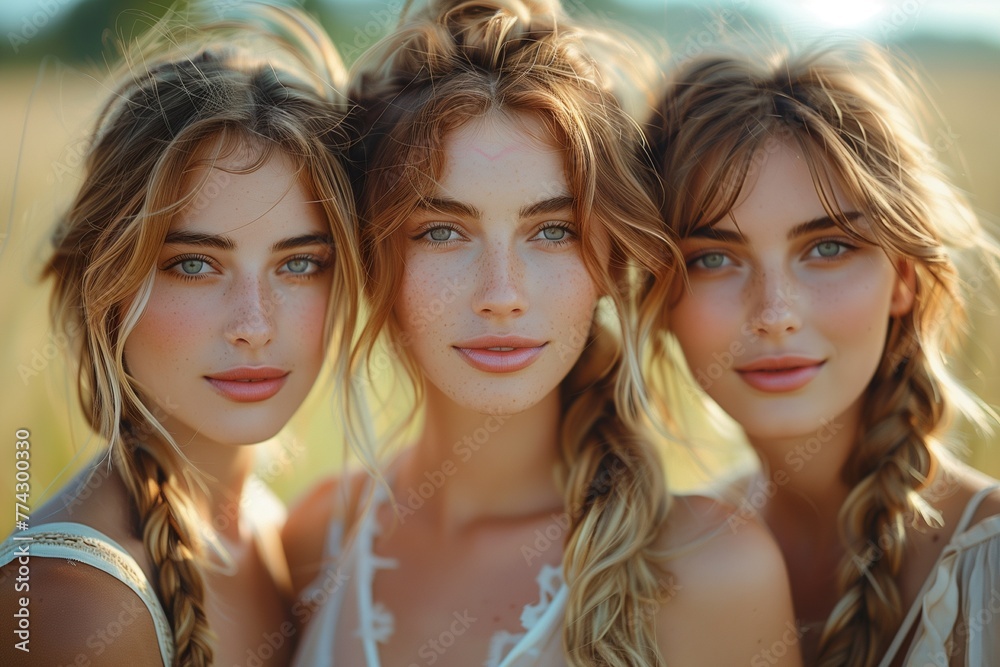 Three women pose with braided hair in a sunny grassy field, exuding natural charm and joy Three women pose with braided hair in a sunny grassy field, exuding natural charm and joy