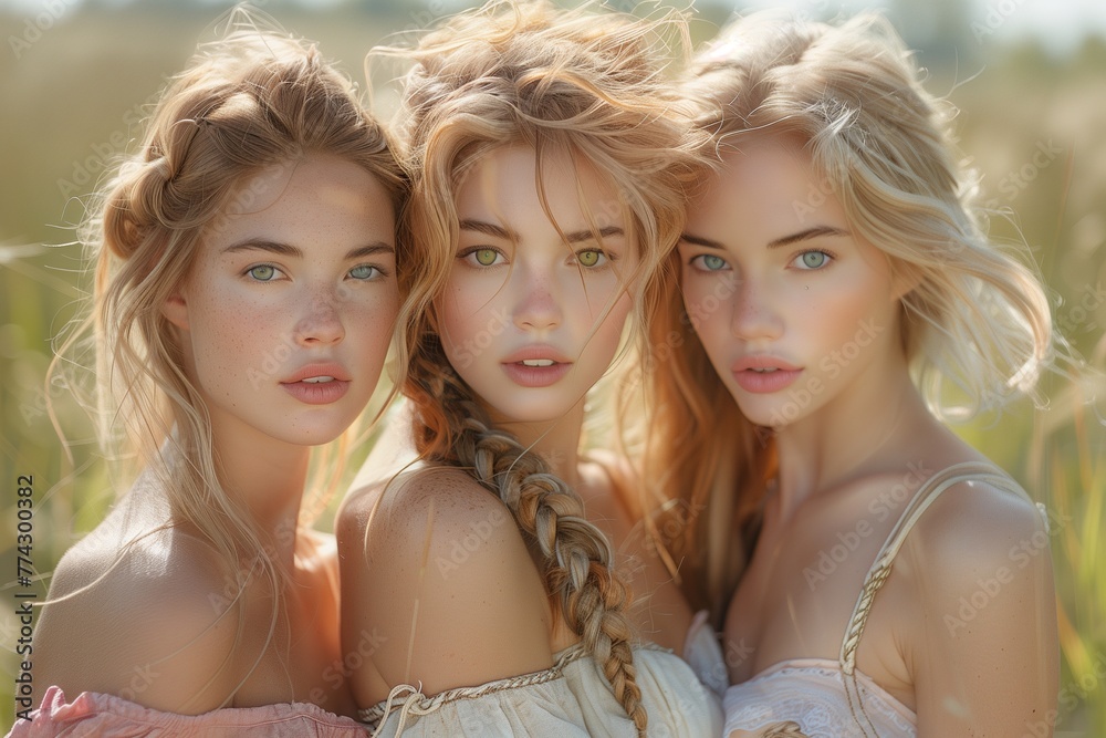 Three women pose with braided hair in a sunny grassy field, exuding natural charm and joy Three women pose with braided hair in a sunny grassy field, exuding natural charm and joy
