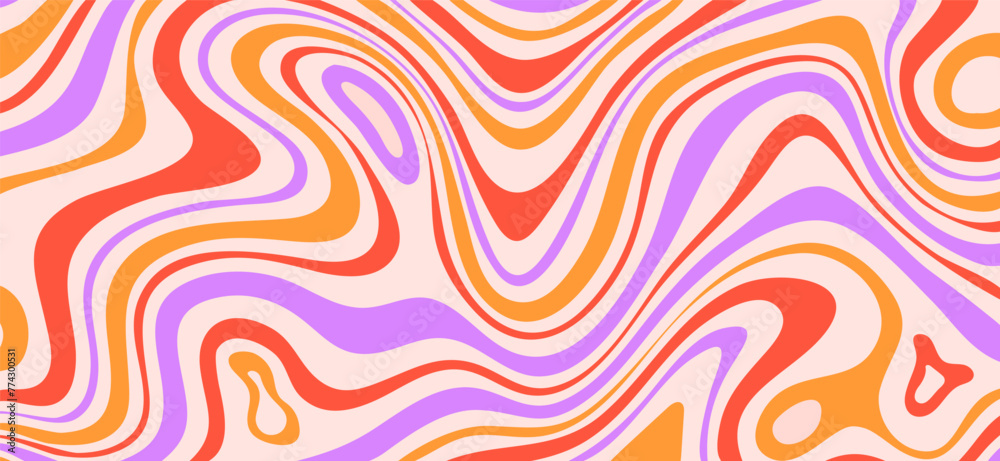 Bright wave groovy pattern. Vector wavy colored background. 70s psychedelic banner.