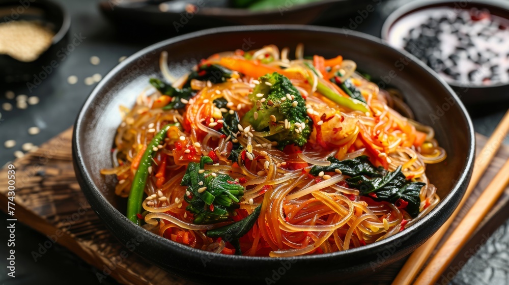 The Korean dish Japchae is a dish made from fried glass noodles and vegetables. Photo quality, realistic photography