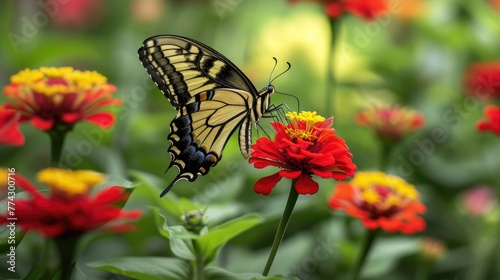 A common yellow swallowtail butterfly in a patch of red zinnias, adding life to the summer garden. photo