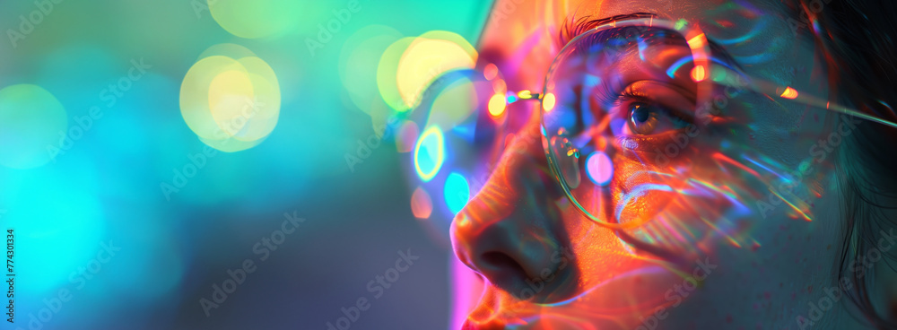 abstract colorful lights on a woman's face representing imagination abstract colorful lights on a woman's face representing imagination