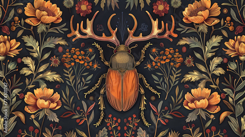 Autumnal colored floral textile wallpaper with a stag beetle