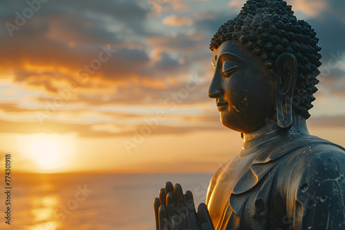 Buddha statue on the background of sunset on the sea photo