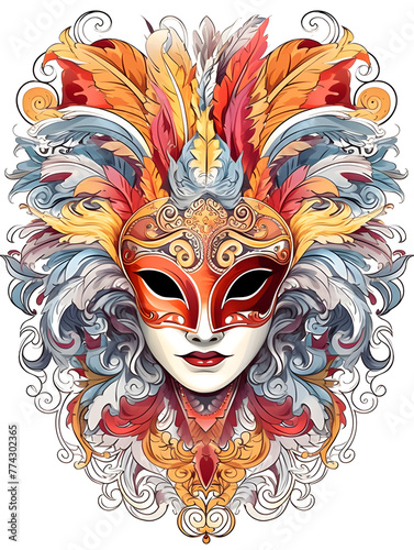 Abstract colorful carnival venetian mask illustration isolated on white background. Closeup a beautiful female venetian mask for all face with many feathers