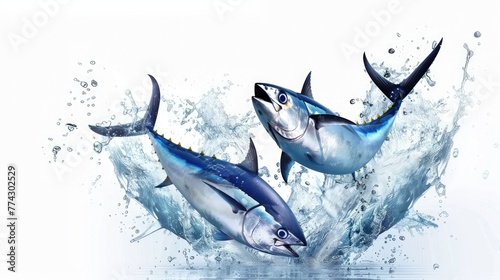 Two tuna fish leap from half-earth water. fishing and conservation, world tuna day isolated on white background.