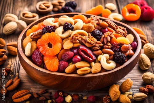 Dried fruits and nuts mix in a wooden bowl.