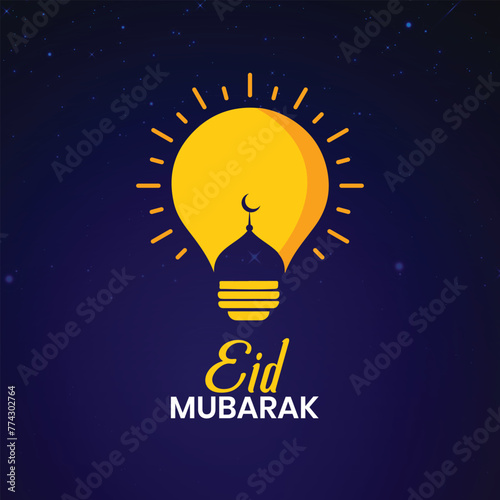 Bulb mosque minar and new moon creative design for Ramadan, Eid and Islamic Festival concept idea, Eid Mubarak Bulb, light Modern Islamic Design, Creative lighting led energy bulb banner poster