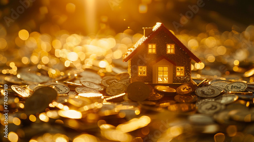A house model stands as the focal point surrounded by a sea of golden-hued money coins