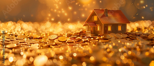 A house model stands as the focal point surrounded by a sea of golden-hued money coins