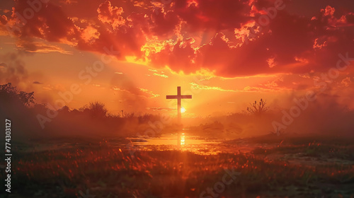 Against an autumn sunrise backdrop the silhouette of the Jesus Christ cross emerges © Wararat