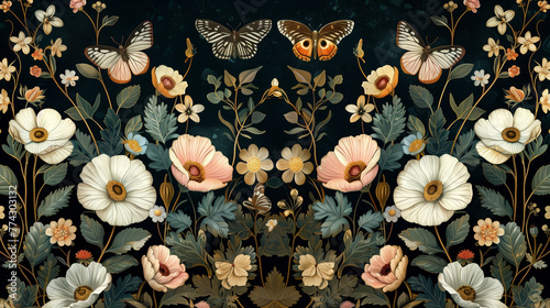 Floral textile wallpaper with butterflies and flowers.