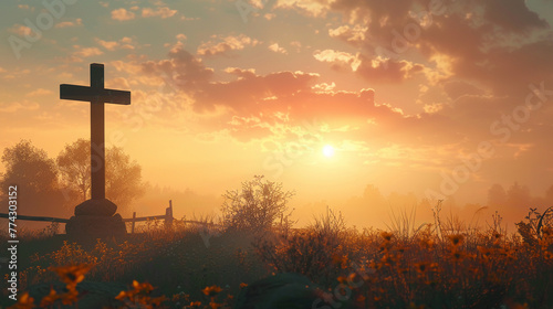 Against an autumn sunrise backdrop the silhouette of the Jesus Christ cross emerges