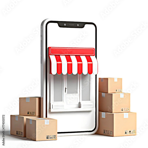 The mobile screen is a storefront. Next to it are merchandise boxes