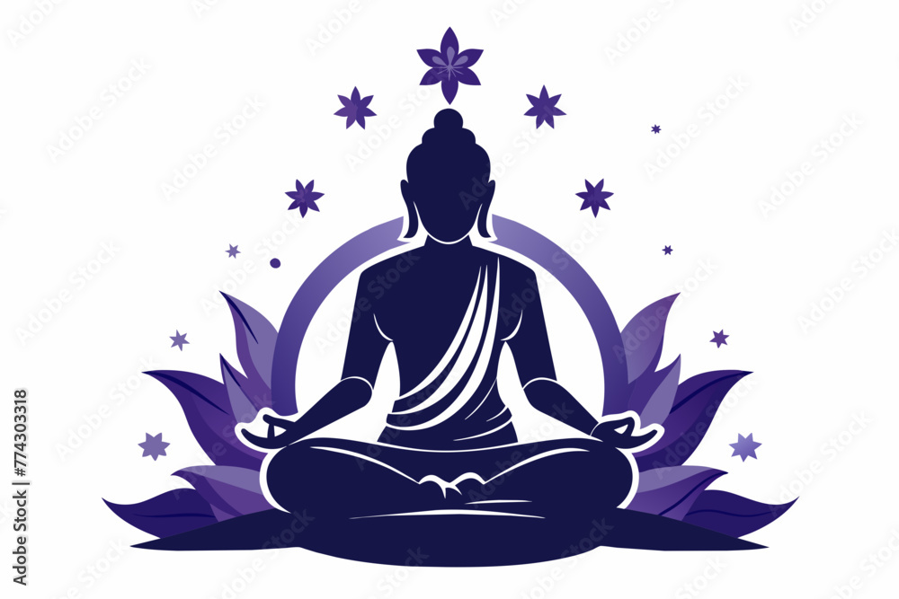 buddha silhouette with stars in lotus position isolated. Tattoo, sticker or print design vector illustration