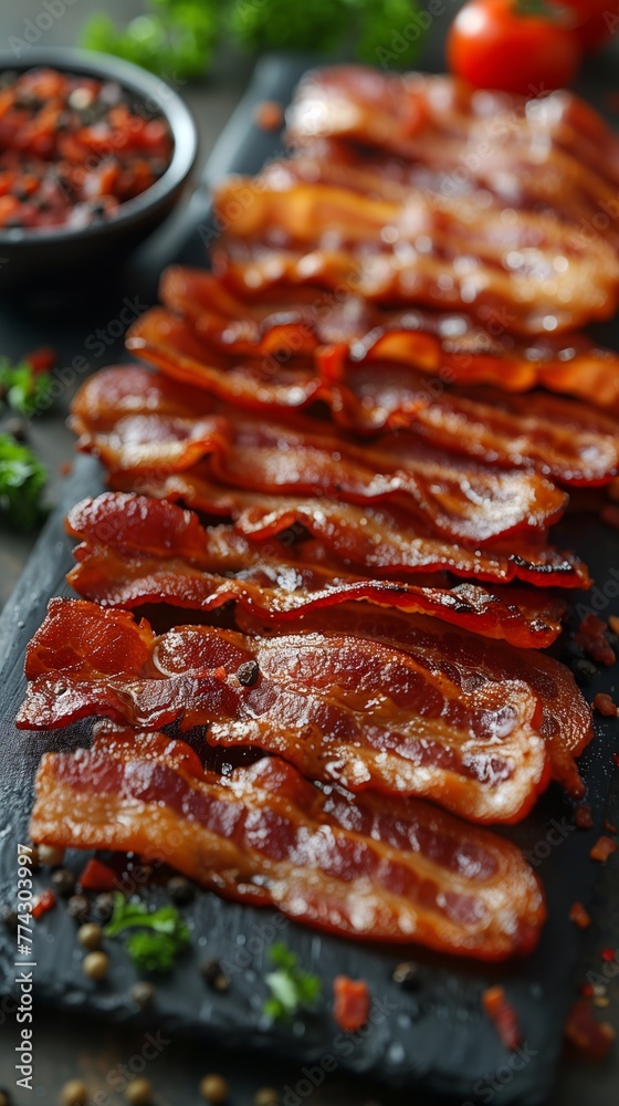 Background of crispy bacon strips, adding texture and flavor to any dish, appetizingly crunchy Background of crispy bacon strips, adding texture and flavor to any dish, appetizingly crunchy