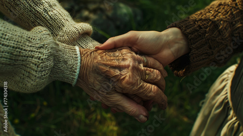 An elderly hand with a cane is gently held by a younger one. photo