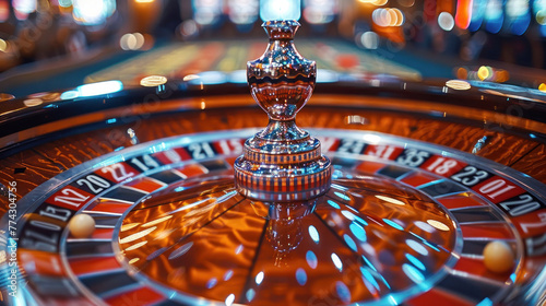 A spinning roulette wheel captivates with anticipation and chance, embodying the thrill and uncertainty of gambling. photo