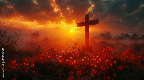 Autumn sunrise, the silhouette of the Jesus Christ cross emerges, invoking a spiritual dawn.