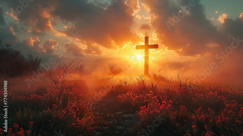 Autumn sunrise, the silhouette of the Jesus Christ cross emerges, invoking a spiritual dawn.