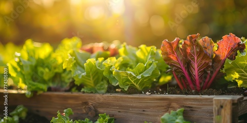 Lush vegetable garden in raised wooden bed with lettuce and chard under golden sunlight. Concept Gardening, Vegetable Garden, Raised Beds, Lettuce, Chard, Sunlight, Food Growth, Organic Agriculture © Ян Заболотний