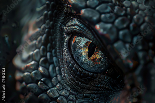 A close up of a dragon s eye with a dark blue iris