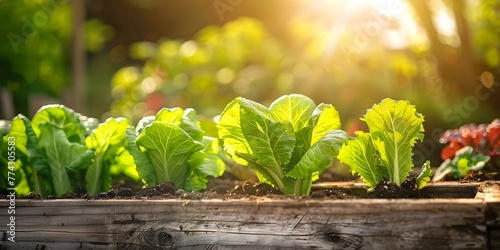 Vibrant vegetable garden in a raised wooden bed with lettuce and chard illuminated by golden sunlight. Concept Gardening  Raised Bed  Vegetables  Lettuce  Chard  Sunlight  Vibrant Colors